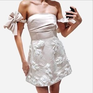 The Maven Cream White Floral Embellished Beaded Dress - Bow Off Shoulder Sleeves